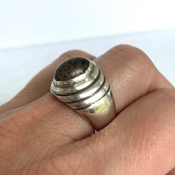 Solid Sterling Silver 925 Unisex Oval Dendritic Fern Agate Wide Band Ring Sz 8.5 - Picture 4 of 16